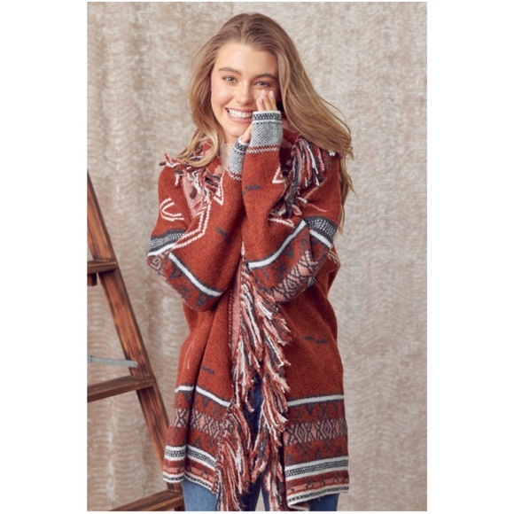 Brick Red Tribal Print Fringe Open Front Cardigan - Picture 8 of 8